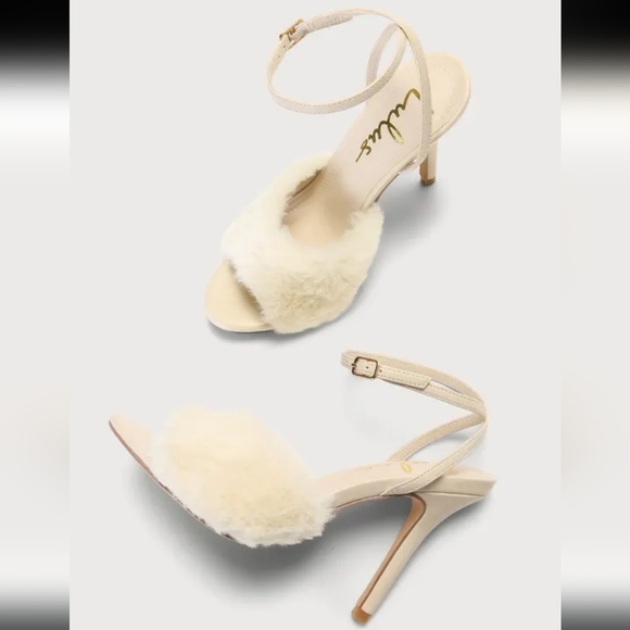 Lulu's Reluca ivory faux fur ankle strap high heel sandals - Picture 3 of 12